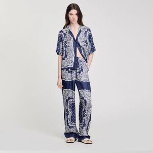 BRAND NEW w/ TAGS Sandro Blue Bandana Print Flowy Trousers Size 34 / US 2